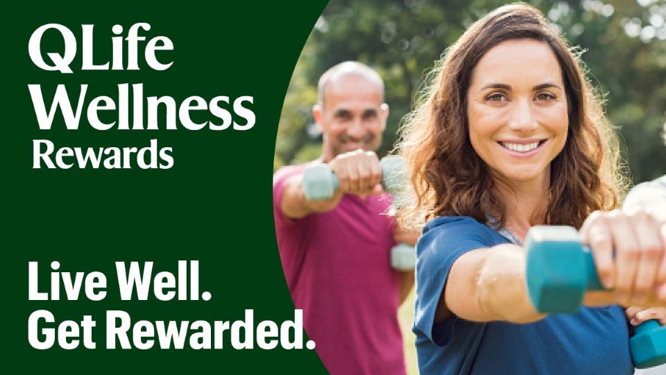 People excercising for QLife Wellness Rewards. Live well. Get rewarded.