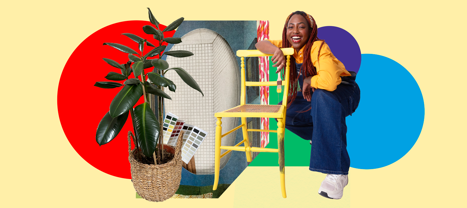 Person leaning on chair next to plant with an abstract background of colored shapes