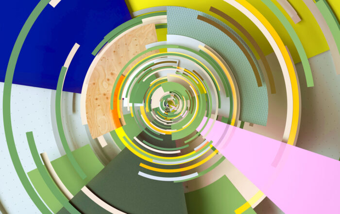 Digital generated image of multi coloured discs making circular pattern