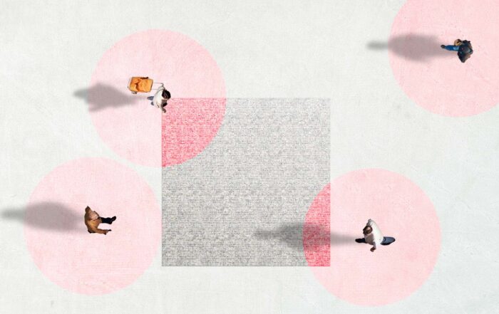Aerial view of people being identified with circles while walking toward square frame of focus
