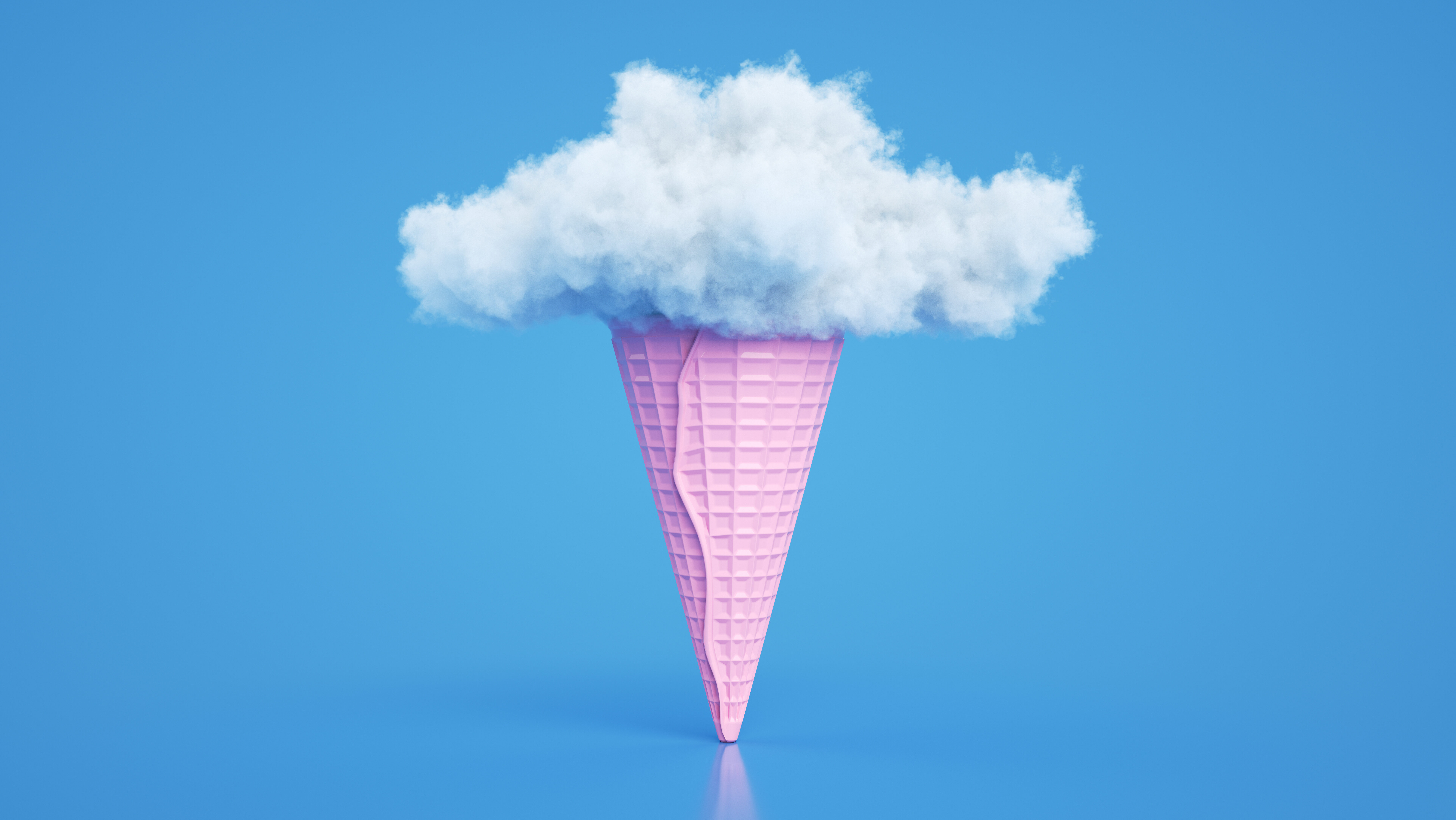 3d rendering of Ice cream cone and cloud. Abstract colorful background, minimal summer concept. Surrealism.