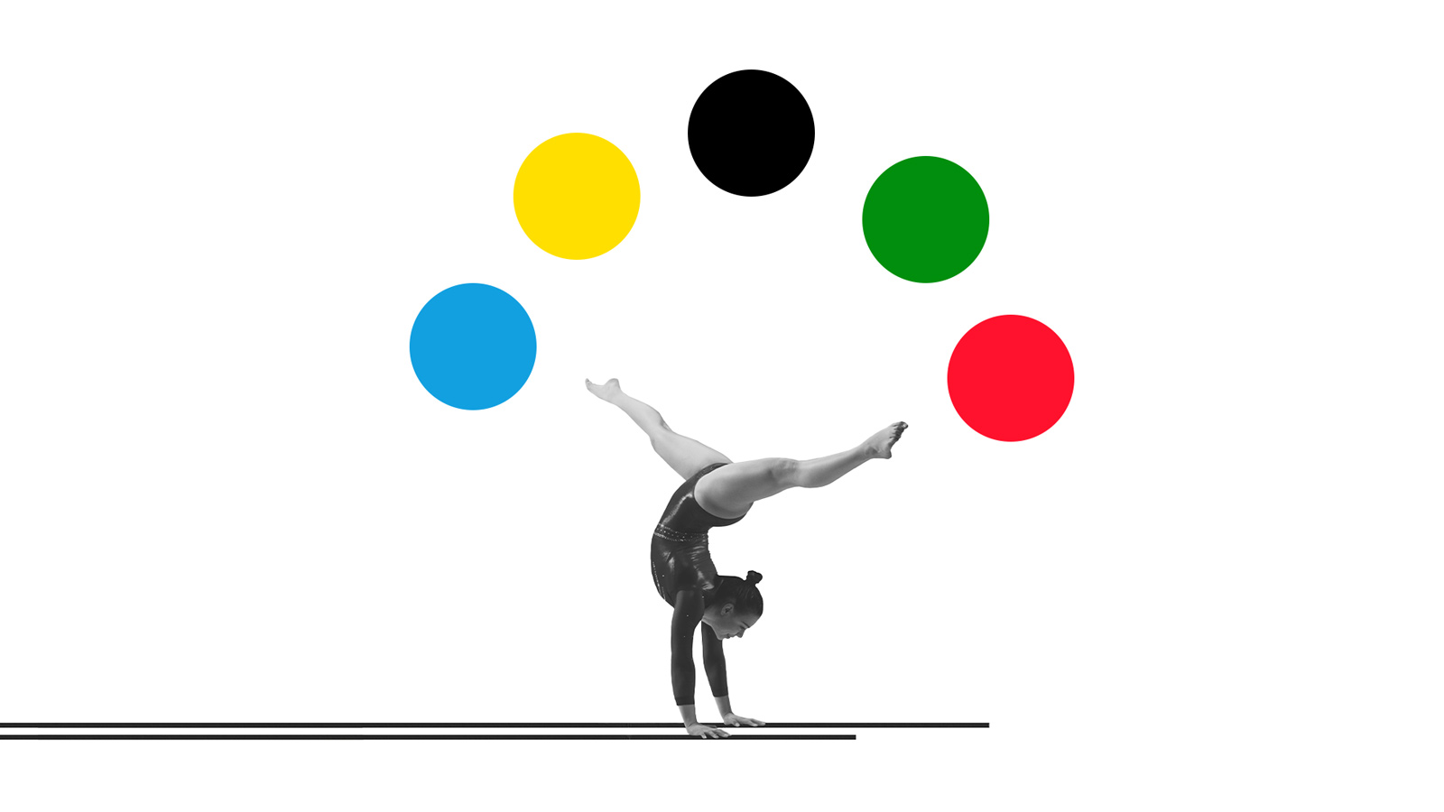 Female gymnast forming an arc of the Olympic colors