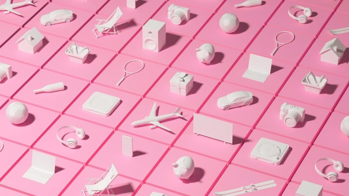White consumer products on pink squares