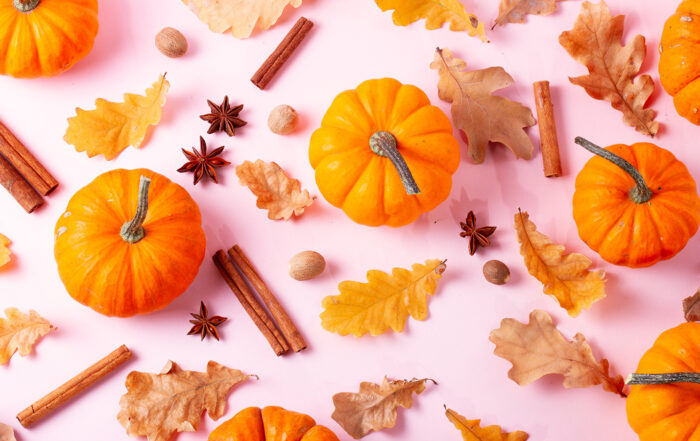 iconic items of autumn, pumpkins, leaves, cinnamon, and cloves