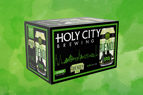 Holy City Brewing Friendly IPA six-pack packaging on green background