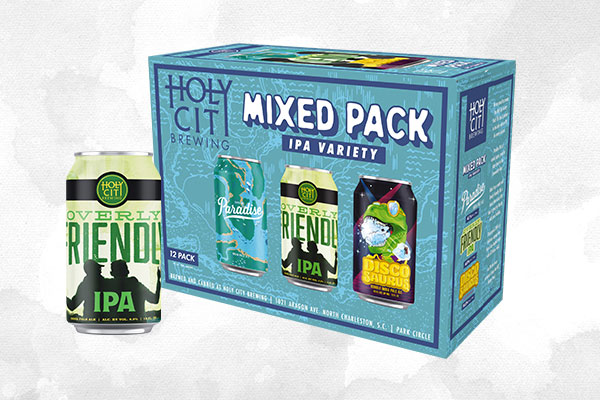 Holy City Brewing mixed 12-pack packaging on grey background