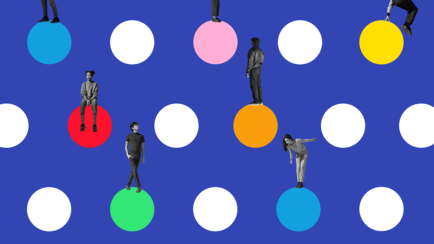 People standing on colorful dots