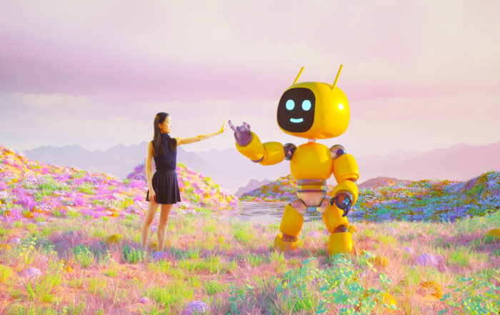 Digital generated image of young japanese woman touching abstract robot's hand standing on metaverse landscape. Metaverse and artificial intelligence concept.