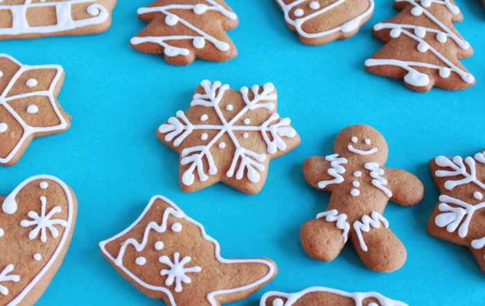 Gingerbread cookies directly from above with blue background