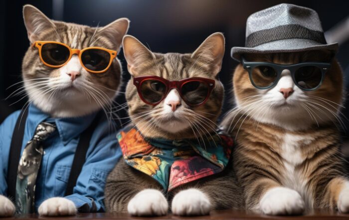 Three cats wearing sunglasses and clothing