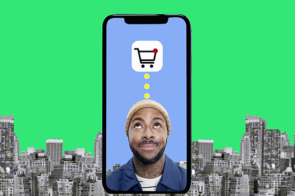 Collage of man looking up at shopping cart symbol in mobile phone