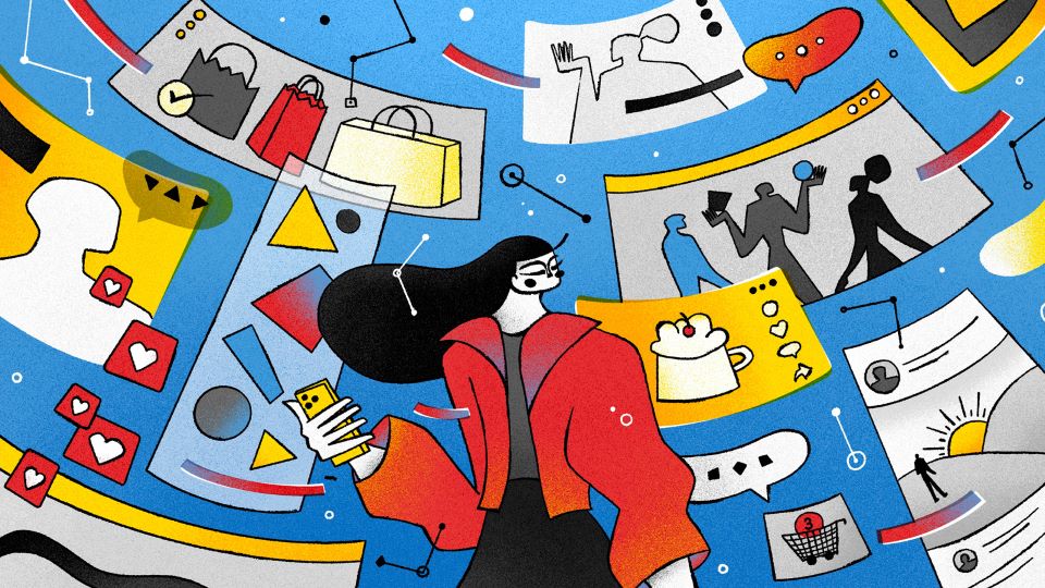 Marketing influencer surrounded by social media. Illustration by Fernando Cobelo.