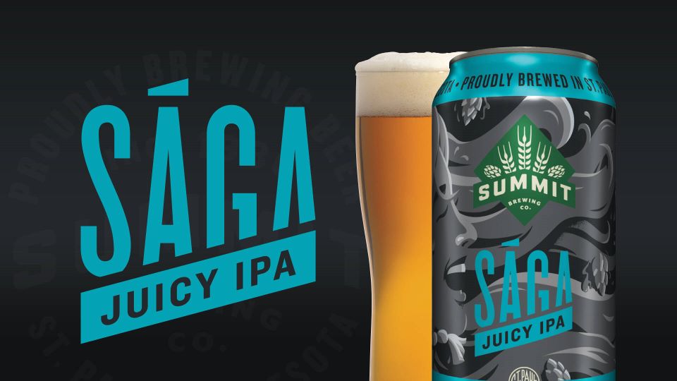 Saga Juicy IPA pint glass with a can