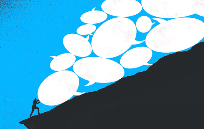 This illustration depicts a solitary figure pushing against a large pile of speech bubbles, illustrated as if they are heavy boulders. The person is on the edge of a steep cliff, straining against the weight of the communication icons, which seem to be overwhelming and perhaps symbolizing the pressure of communication or the burden of social media. The color contrast between the warm orange background and the cooler blue foreground emphasizes the struggle and the sense of effort involved.