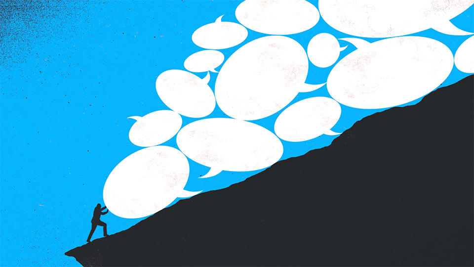 This illustration depicts a solitary figure pushing against a large pile of speech bubbles, illustrated as if they are heavy boulders. The person is on the edge of a steep cliff, straining against the weight of the communication icons, which seem to be overwhelming and perhaps symbolizing the pressure of communication or the burden of social media. The color contrast between the warm orange background and the cooler blue foreground emphasizes the struggle and the sense of effort involved.