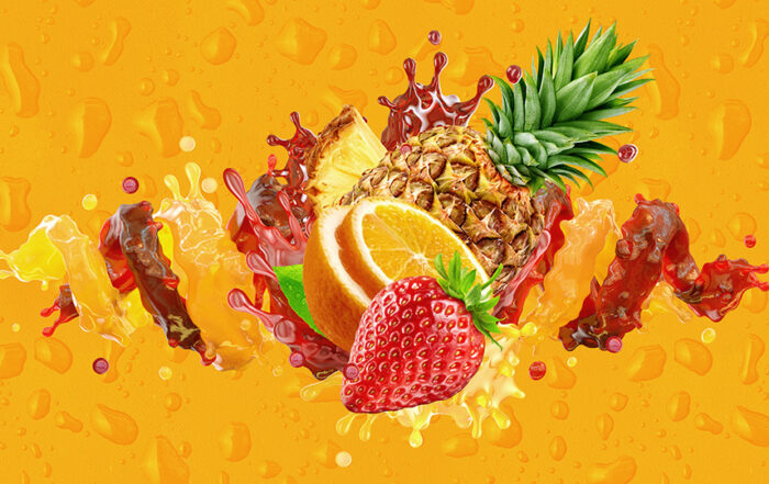 Healthy orange, strawberry, pineapple fruit juices liquid splashes. Fruits juice splashing together - orange, pineapple, strawberry juice in two colorful splashes. Advertising label design. 3D illustration