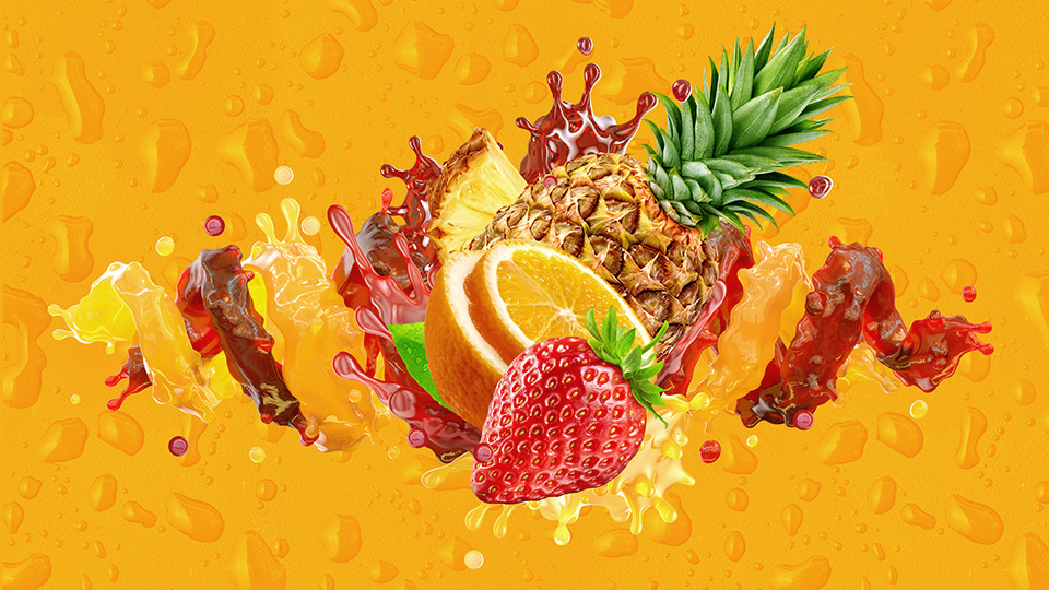 Healthy orange, strawberry, pineapple fruit juices liquid splashes. Fruits juice splashing together - orange, pineapple, strawberry juice in two colorful splashes. Advertising label design. 3D illustration