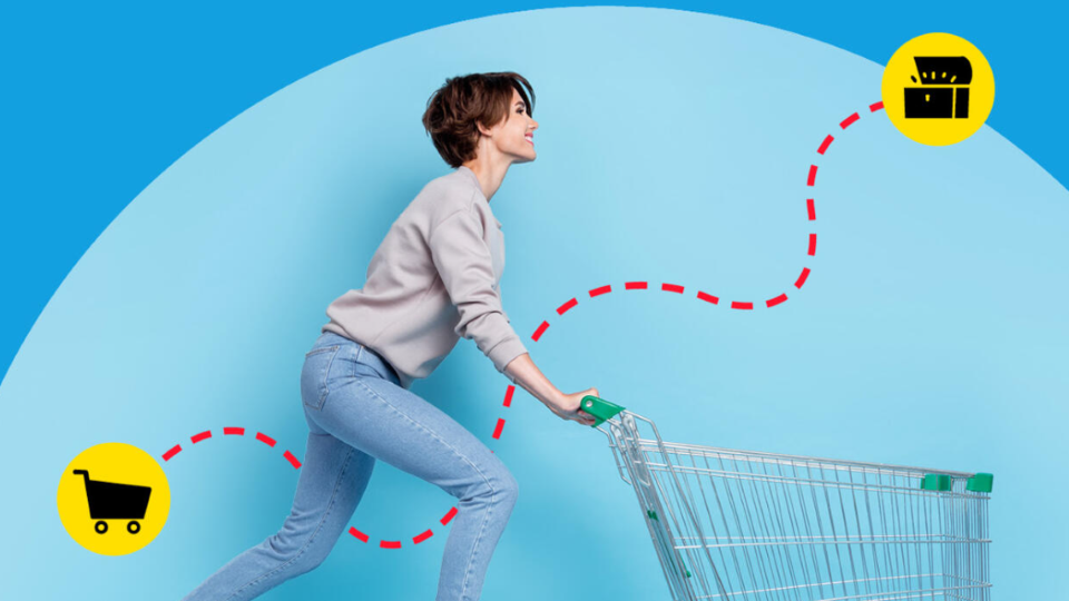 Person jumping with a shopping cart